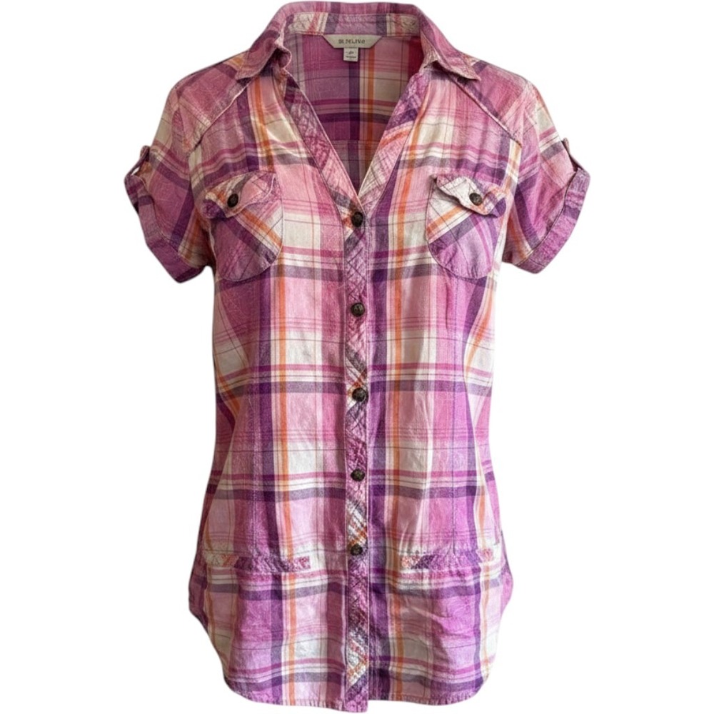 Mudd Womens Large Pink Purple Plaid Short Sleeve Button Down Shirt Y2K Indie
